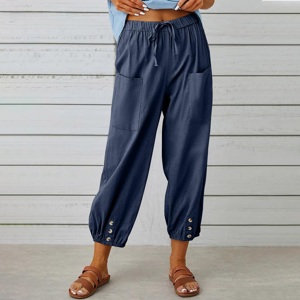 Polyester Blend Casual Pants For Women With Button Detail And Elastic Waist