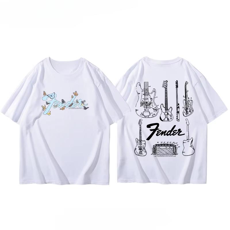 Zomer Heren T-shirt Fender Elektrische Gitaar Band Korte Mouw Jongens en Meisjes Zomer Gitarist Kostuums Rond Bedrukt T-shirt