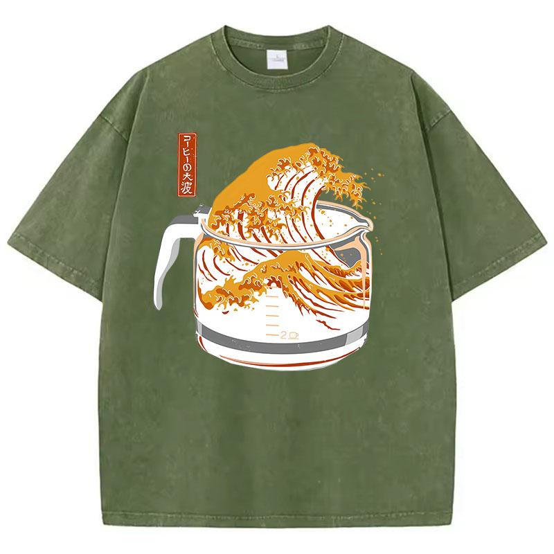 Retro T Shirt Vintage Washed Cotton TShirt Japanese Style Wave Graphic Tee Casual Streetwear Spring Summer