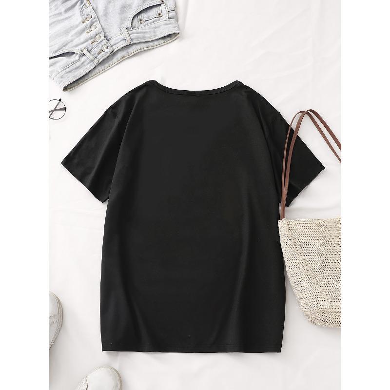 Europese Maat 1 Stuk Dames Bloemen Vlinder Strik Print T-shirt, Casual Ronde Hals Korte Mouw Top, Modieus Sport T-shirt met Medium Rekbaar Stof,