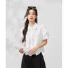 Women White Short Sleeve Shirt Puff Sleeve Cropped Button Down Casual Blouse