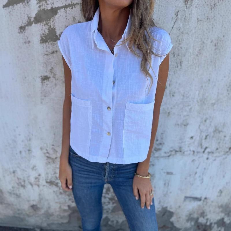 Casual Summer Tops Solid Color Loose Short Sleeved Collar Button Pocket Cotton Linen Blouses & Shirts Women