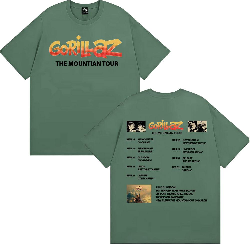 Band Gorillaz New Album The Mountian Tour T Shirts Men Women Vintage Fashion Cartoon Tshirts Cotton Casual Short Sleeve Tshirt
