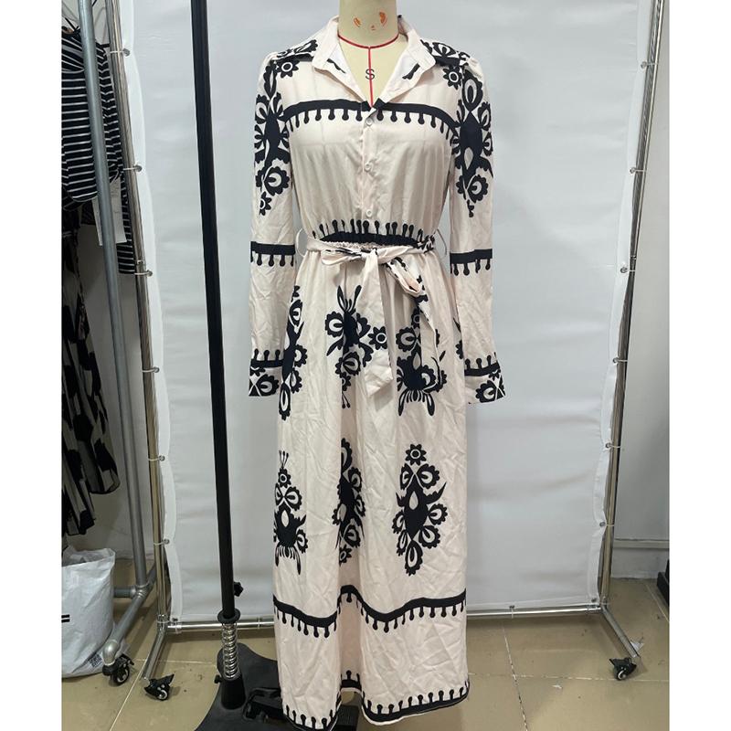 Fashion Vintage Long Sleeve Loose Casual Dresses Women Buttons Lapel A Line Printed Shirt Dress Women High Waist Lace-up Long Dress Spring New 25892