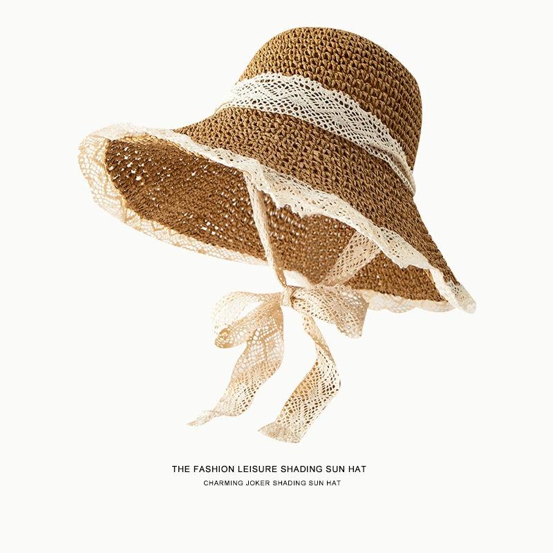Summer Women's Seaside Beach Sun Hat Ethnic Style Big Brim Holiday Style Bucket Hat Showing Face Small Sunscreen Straw Hat