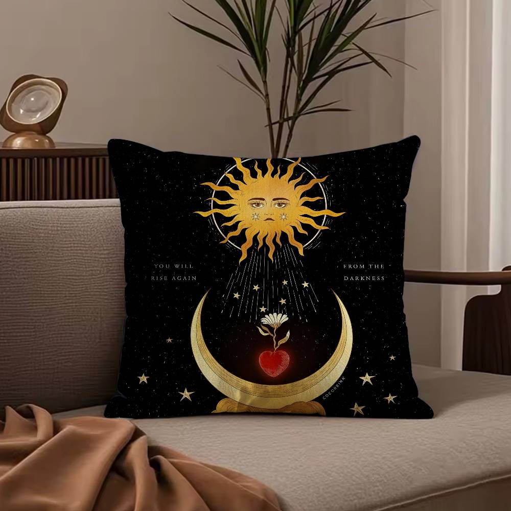 Housse de coussin Série Mandala Soleil Lune Housse de coussin Anti-acariens Fermeture éclair invisible Peluche courte soyeuse Housse de coussin de canapé