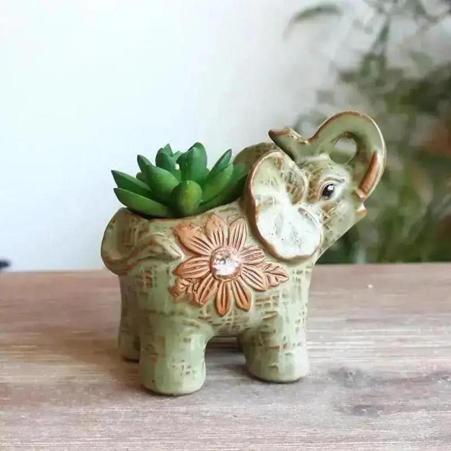 1 Pcs New Vintage Ceramic Elephant Shape Crafts Succulent Flower Pot Green Plant Potting Home Garden Decoration