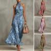 Xiaobudian Floral Chiffon Dress for Women, Halter Sleeveless Ruched Maxi Dress, Turtle Neck Wedding Guest Cocktail Evening