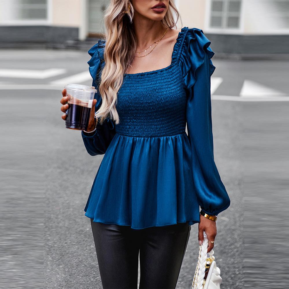 Frauen Herbst Winter Square Neck Puff Sleeve Essbare Baum Pilz Einfarbig Hemd Blusen Temperament Pendler Krawatte Top
