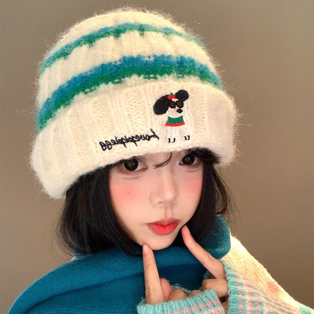 Puppy Embroidery Beanie Cap Winter Warm Crochet Bonnet Hat Cute Winter Knitted Hat  Outdoors