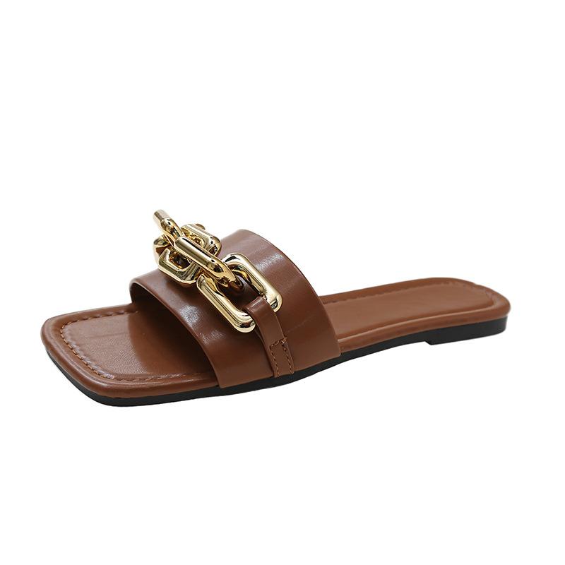 2024 New Gold Silver Women Summer Slides Fashion Street Style Chain Flat Heels Bling Woman Beach Slippers Luxury Flip Flop Shoes