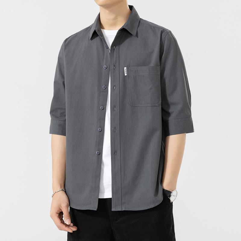 Pure Cotton Short Sleeved Shirt for Men's Non Ironing Three Quarter Sleeved Washed Shirt Jacket Casual Versatile Top