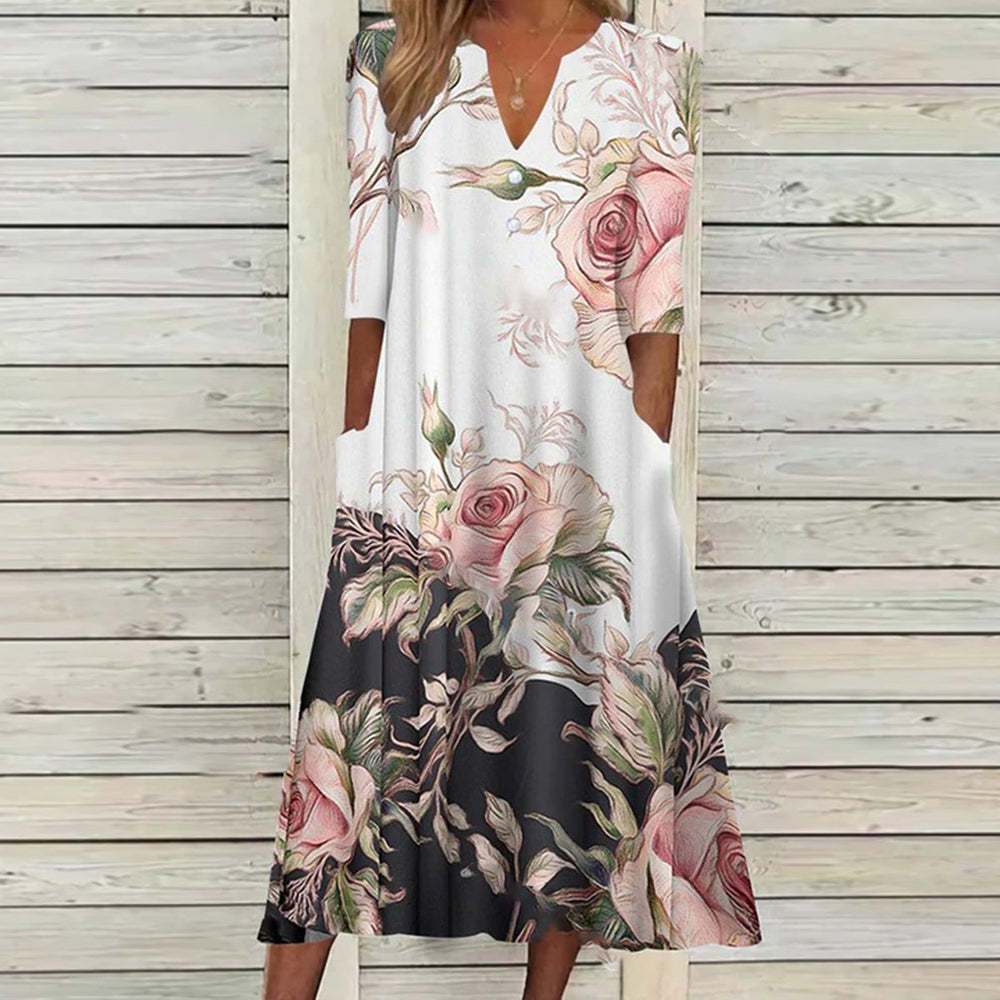 GMXIA Women's Fashion Summer Spring Floral Print 2/1 Sleeve V-Neck Casual Dresses