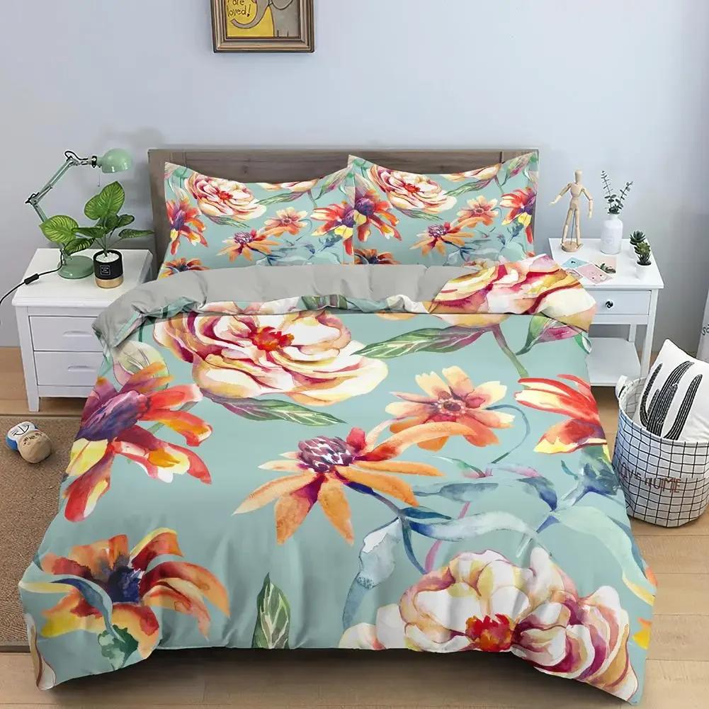 Classic Duvet Cover Sets Flower Blue Gold King,Queen,Full,Twin Double Quilt Covers Pillowcases Bed Linens Bedding Set 260x220cm