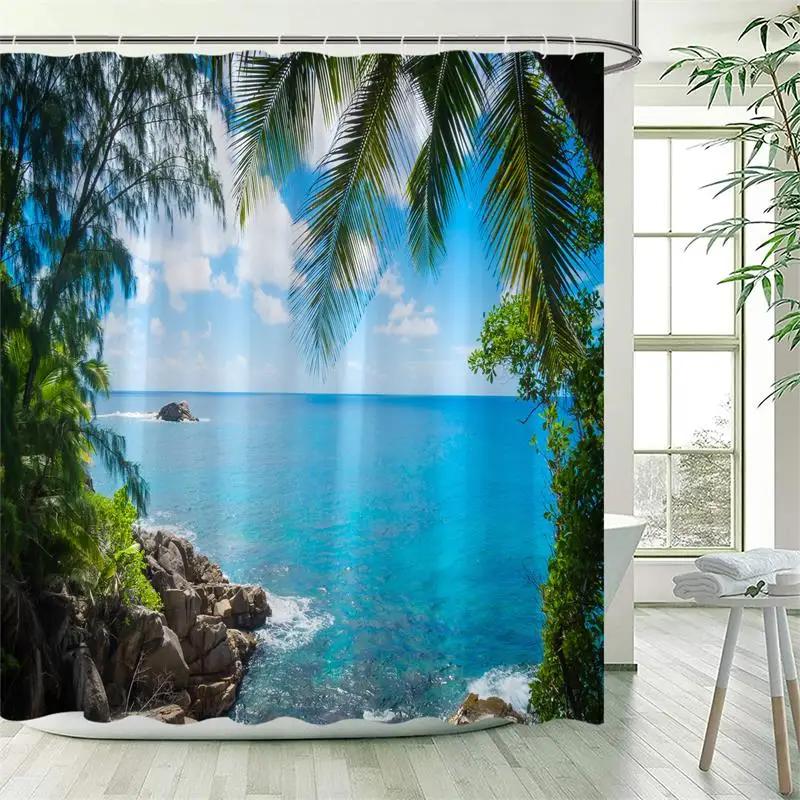 Ocean Landscape Κουρτίνα μπάνιου Παραλία Φοίνικες Παπαγάλοι Δελφίνια Κύματα Θάλασσας Φύση Τοπίο Κουρτίνες μπάνιου Υφασμάτινο Διακόσμηση μπάνιου