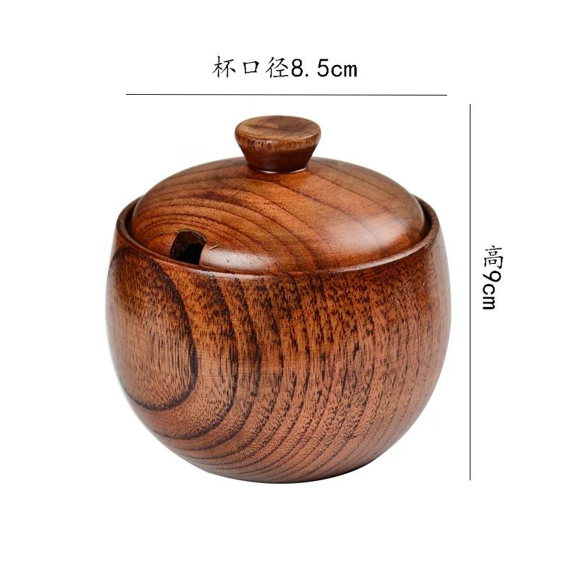 Wooden Salt and Pepper Shakers Vintage Seasoning Jars Seasoning Container Storage Box with Spoon and Lid Household Kitchen Tools