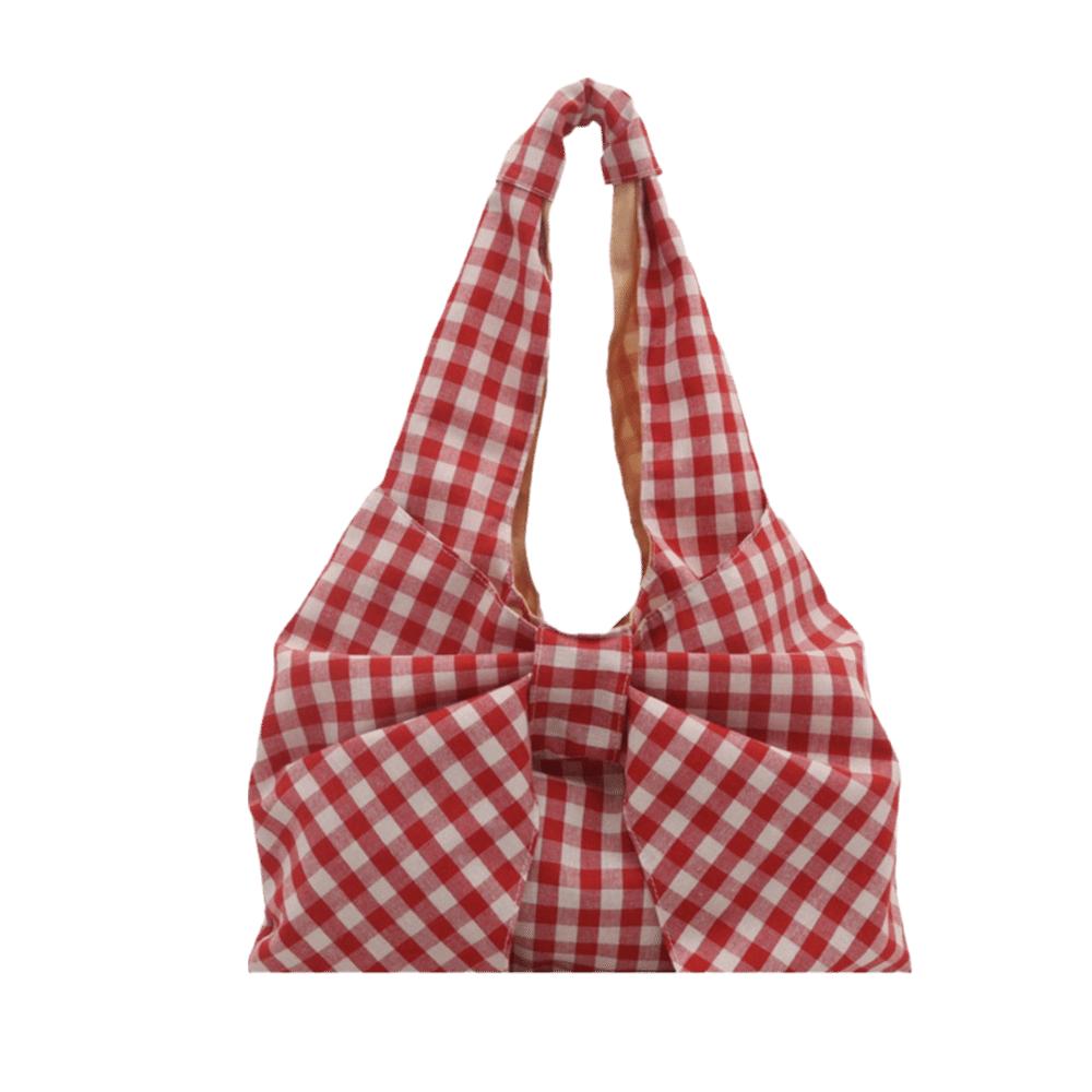 Large Capacity Canvas Vest Bag Bowknot Plaid Tote Bag Vintage Bow Shoulder Bag  Outdoor