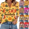 Dámská móda Ležérní klopa 3/4 rukáv Halloweenský potisk Košile Dámské topy s výstřihem do V