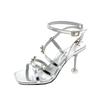 Rhinestone Flower One Strap High Heels Summer New Square Toe Open Toe Thin Strap Non-slip Wear-resistant Stiletto Sandals