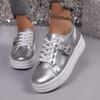 Women's Leather Casual Shoes Fashion Platform Sneakers Designer Metal Decor Women Shoes Lace Up Vulcanize Shoes De Mujer