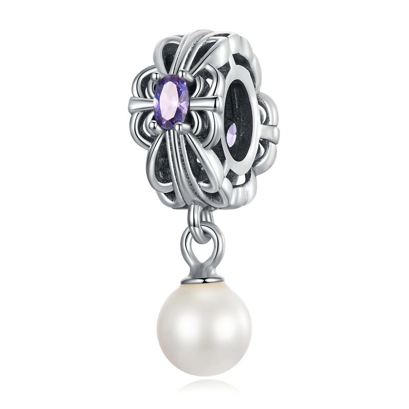 WOSTU 925 Sterling Silver Purple Crystal Lotus Charms Pearl Drop Pendant Retro Hollow Heart Bead Fit Original Bracelet Necklace