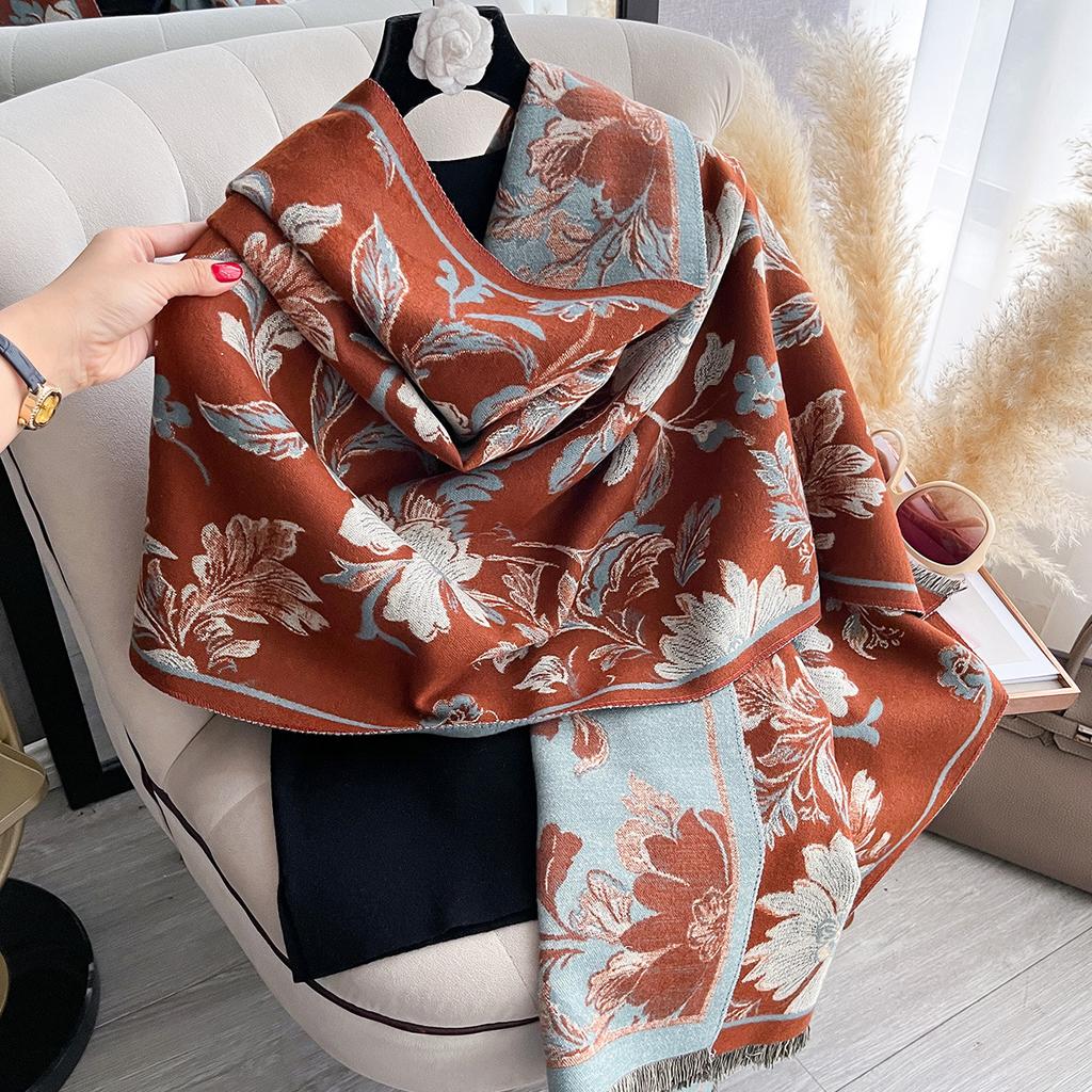Ethnic Style Flower Imitation Cashmere Scarf Women'S Winter Thickened Double-Sided Air Conditioner Shawl Scarf