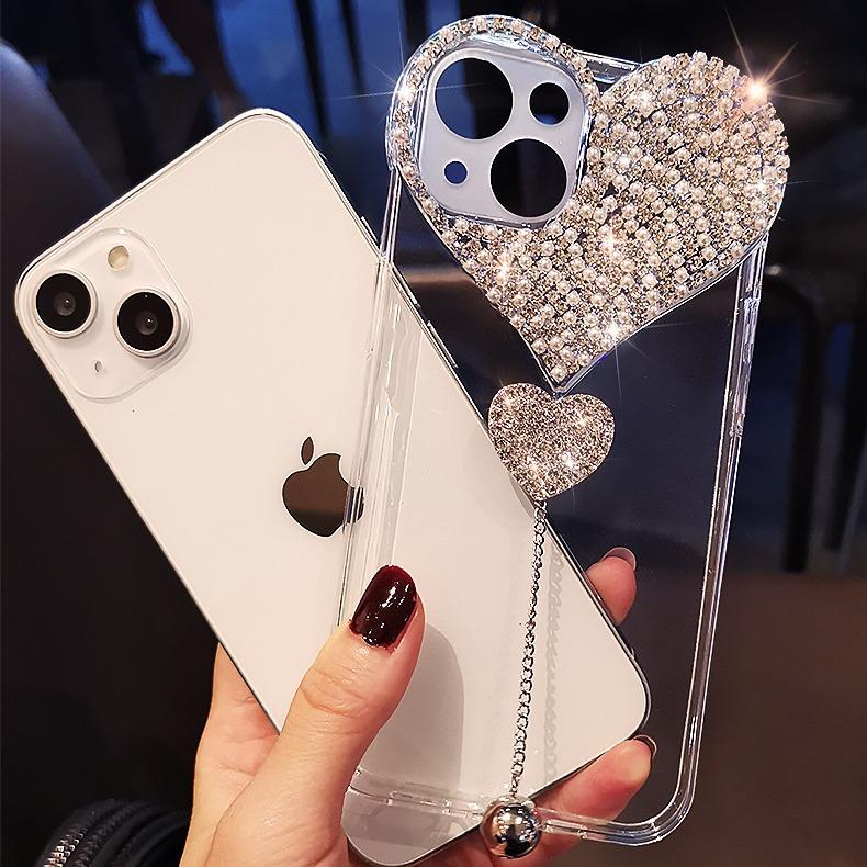 Capa de Celular Criativa em Forma de Coração Diamante de Água 15Promax para iPhone16, Capa Protetora Apple 14 13, Moderna e Luxuosa