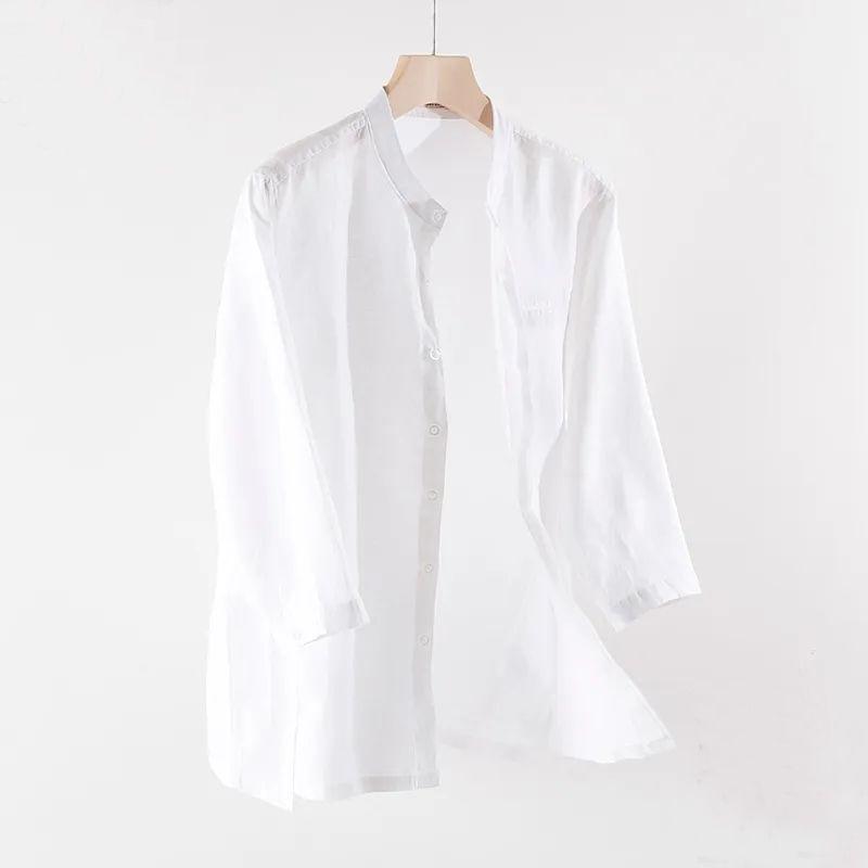 Chemise en lin blanc décontractée pour homme - Respirante, Coupe ample, Manches trois-quarts
