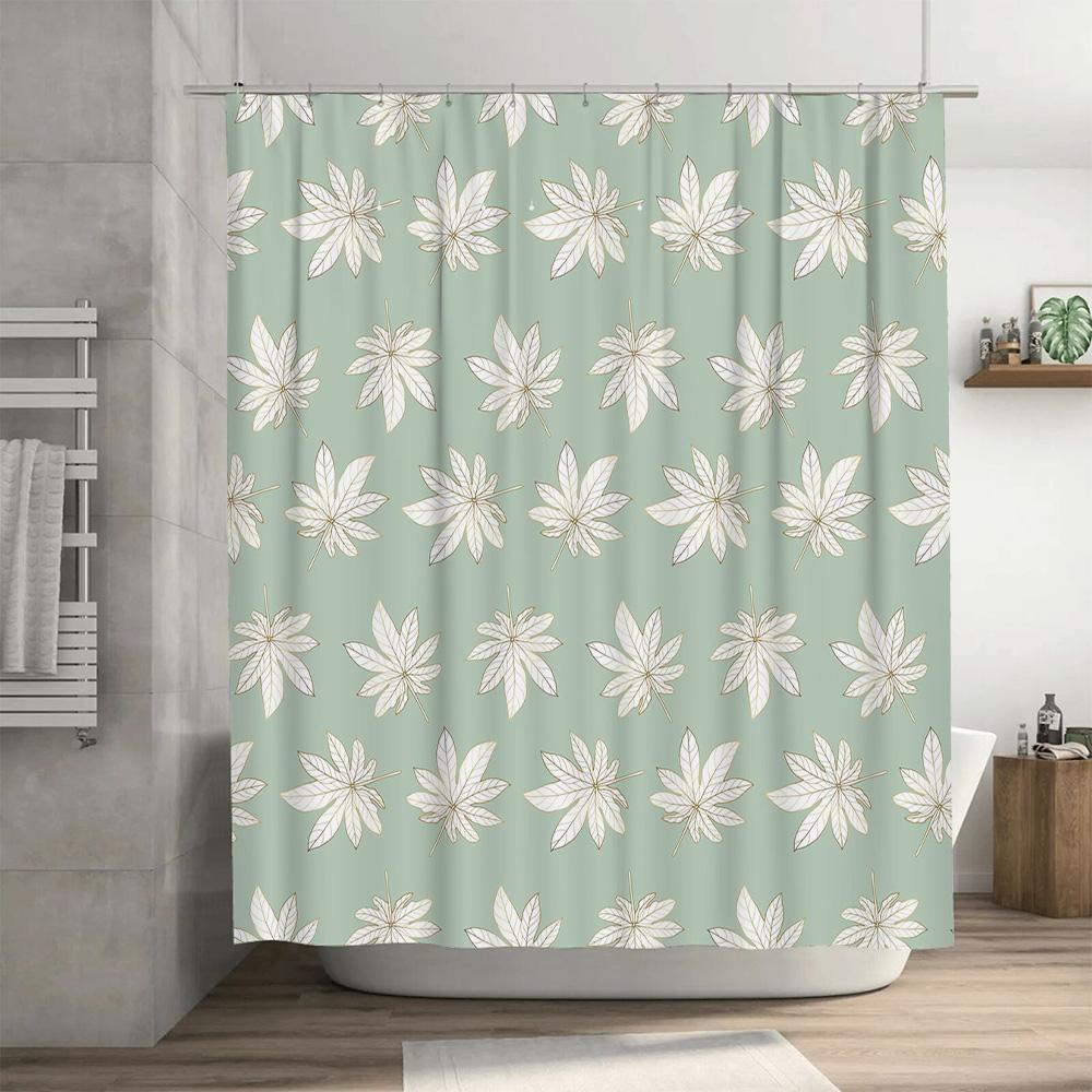 Vintage Fall Leaves Shower Curtain Waterproof Home Decor Bathroom Decoration in Green White Color with Leaf Pattern (200cmX180cm