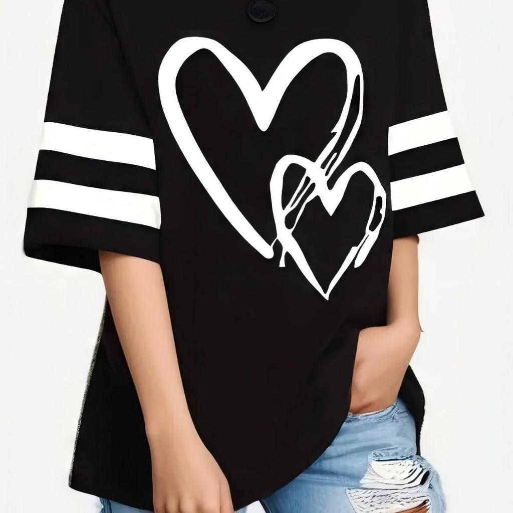 2025 Summer Heart Print Plus Size Women's T-shirt - European & American Style