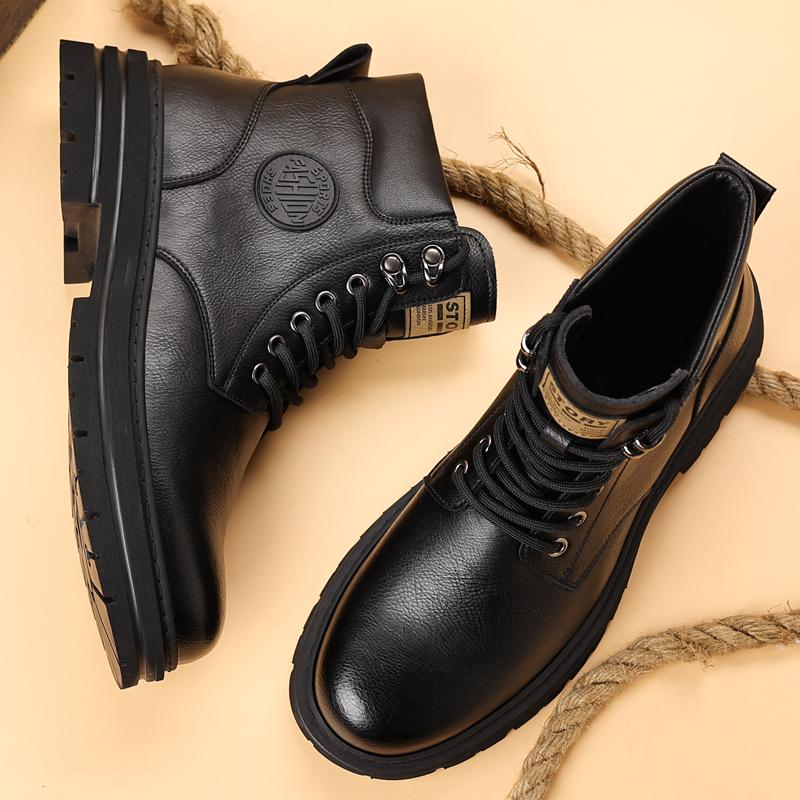 New Arrival Men High Top Shoes Outdoor Leather Ankle Boots Fashion Lace Up Motorcycle Boots Non-Slip Man Winter Plush Snow Botas