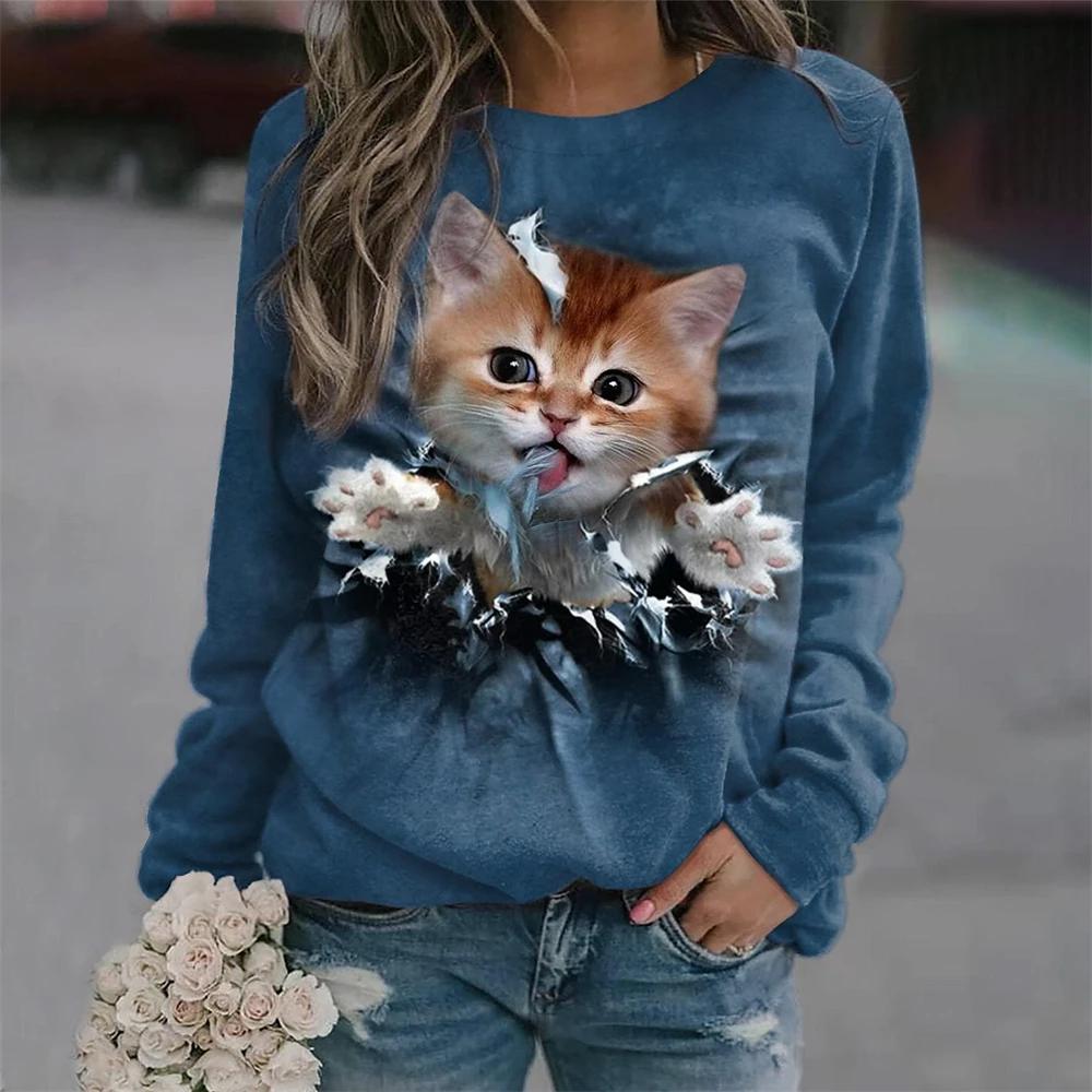 Tricou de damă pisică Kawaii 3D imprimeu tricouri casual cu mânecă lungă Pulover Harajuku supradimensionat Îmbrăcăminte Bluză de zi cu zi Topuri largi pentru femei