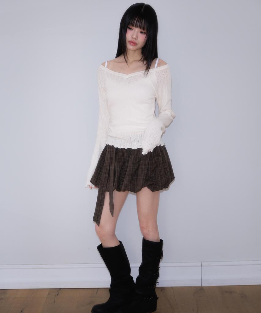 Rose Franz Balloon Check Belted Miniskirt [Brown]