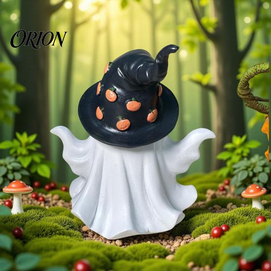 Resin Spooky Table Ornaments Halloween Ghost Decoration, Holding Pumpkin Figurine with Witch Decor Hat, Cute Tabletop for Home Kitchen Bathroom