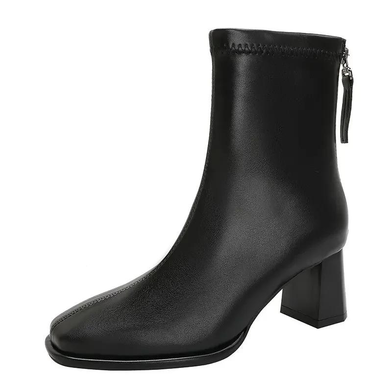 Autumn and Winter New Mid-leg Boots Square Head Thick Heel Thin Boots Brown French Ankle Boots