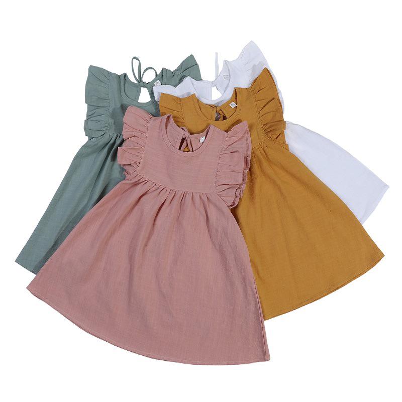 Robe de princesse à manches volantes de couleur unie pour filles avec lien à nouer au col arrière