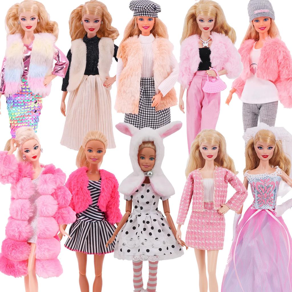 4 Pcs/Set Fur Vest Coat + Dress/Casual Outfit for 30cm 11.8 Inch Doll Clothes Accessories Plush Jacket Celebrity,Child's Gift
