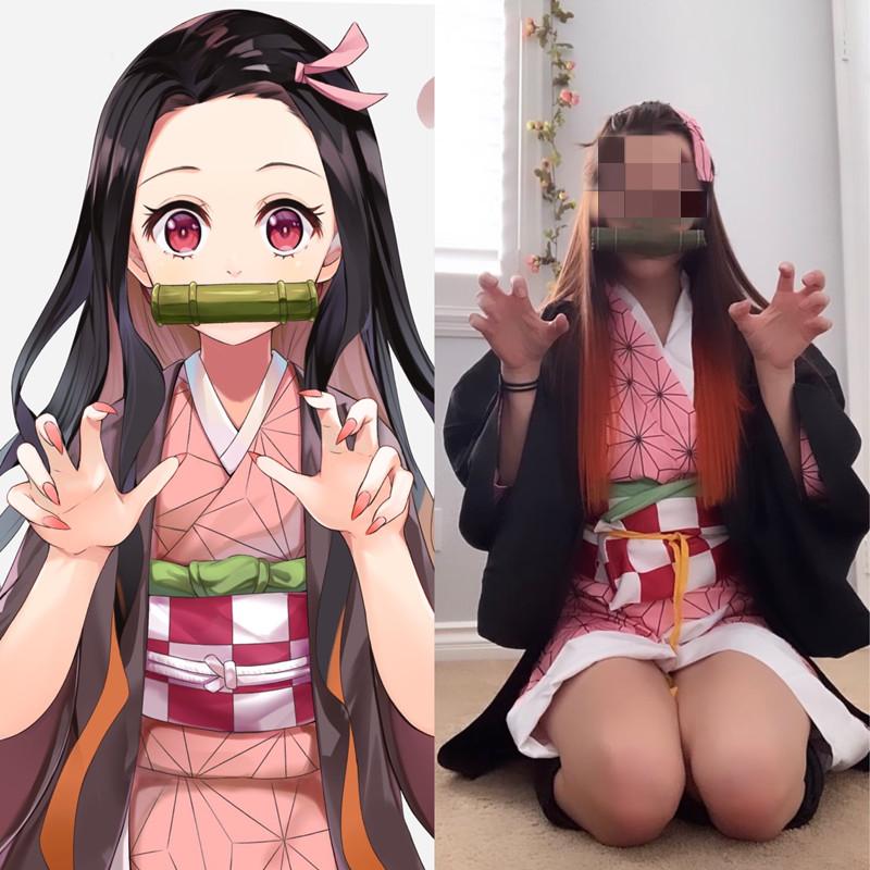 Anime Demon Slayer Kimetsu No Yaiba Cosplay Kostiumas Nezuko Kamado Kimono Vienodas Helovino Drabužiai