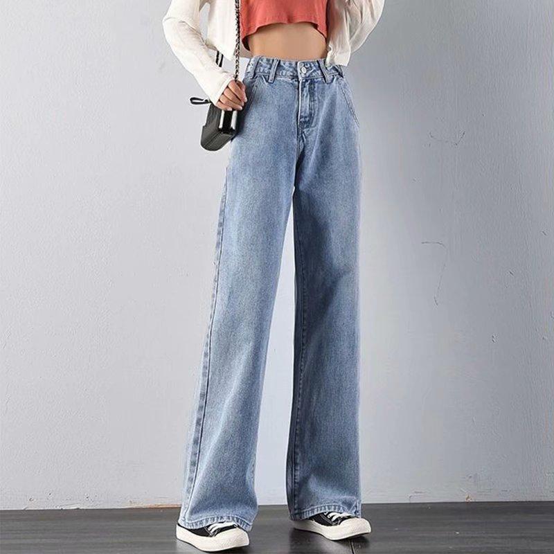 Jeans Bleu Rétro Taille Haute pour Femmes - Pantalon Minceur à Jambes Larges pour l'Été