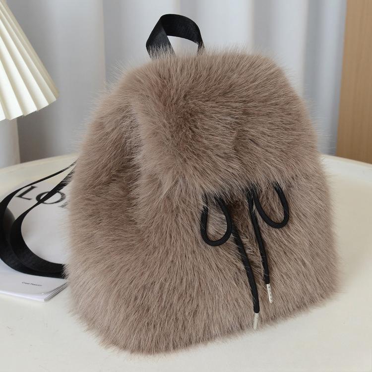 Y2k Plush Backpack Women Small Cute Drawstring Leopard Fluffy Bag Solid Soft Fleece Knapsack Winter Warm Faux Fur Mini Backpack
