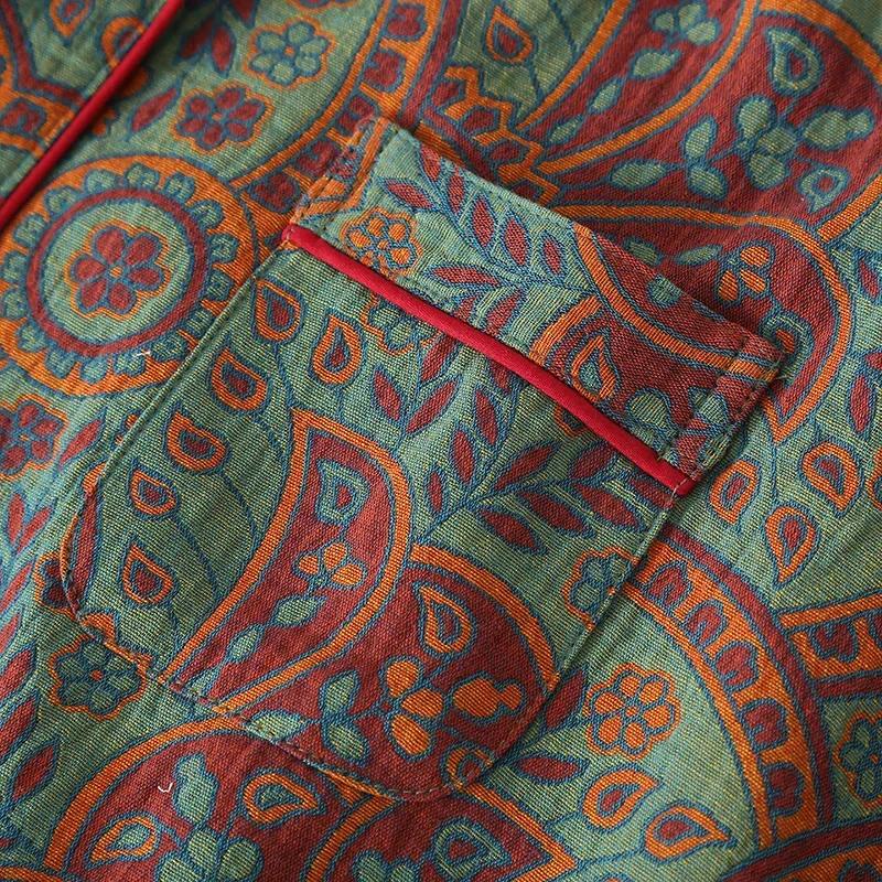 Höst Långärmade Pyjamas med Bomullsgarnfärgad Jacquardmönster i Etnisk Stil för Damer, 2 Delar, Loungekläder