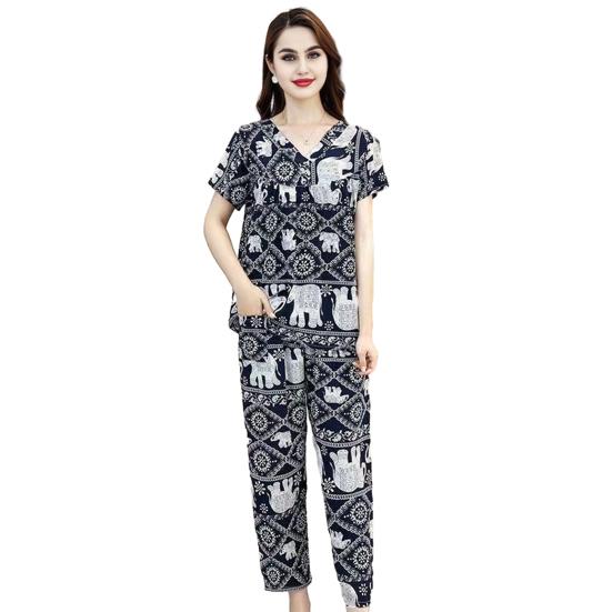 Ensemble Pyjama en Coton pour Femmes Haut à Manches Courtes Pantalon Long Décontracté Ensemble de Nuit Deux Pièces