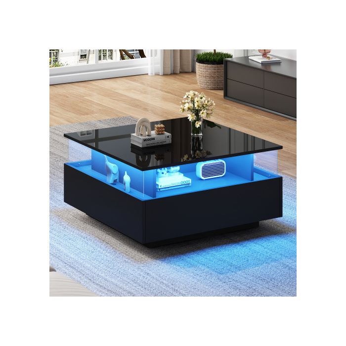 Moderne und glänzende LED-Couchtisch, 70*70*41cm, mit 2 Schubladen und einer transparenten Ablagefläche - Tragfähigkeit 30kg