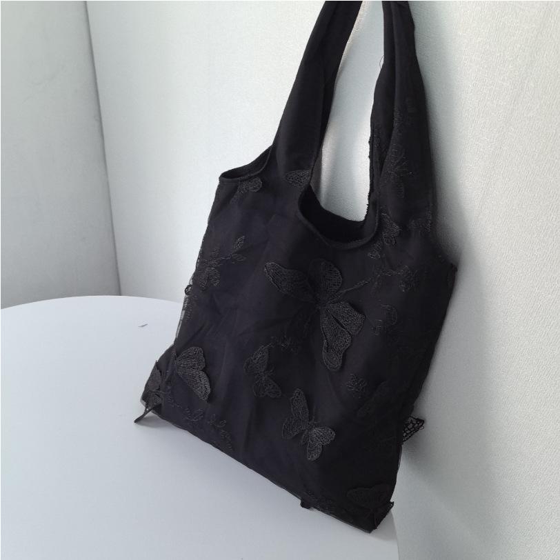 Elegant Black Butterfly Embroidered Canvas Bag - Large Capacity, Versatile Shoulder Bag for Women
