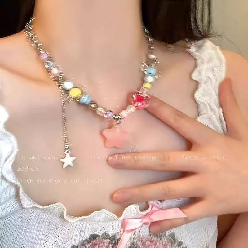 Summer dopamine color beaded necklace exquisite niche sweet neck chain elegant bow collarbone chain choker