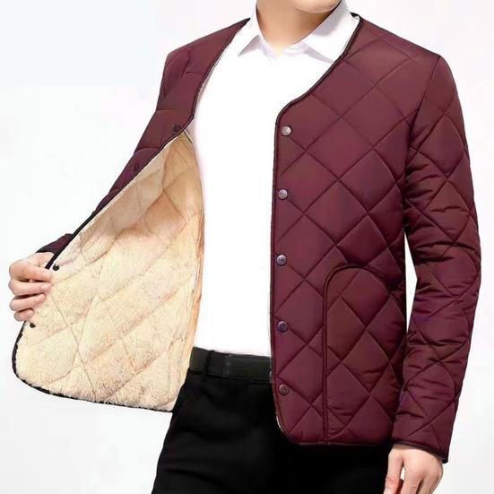 Yousheng Men Cotton Coat O-Neck Long Sleeve Diamond-Shaped Stitching Button Placket Coat Solid Color Single Breasted Thick Velvet Lining Outwear