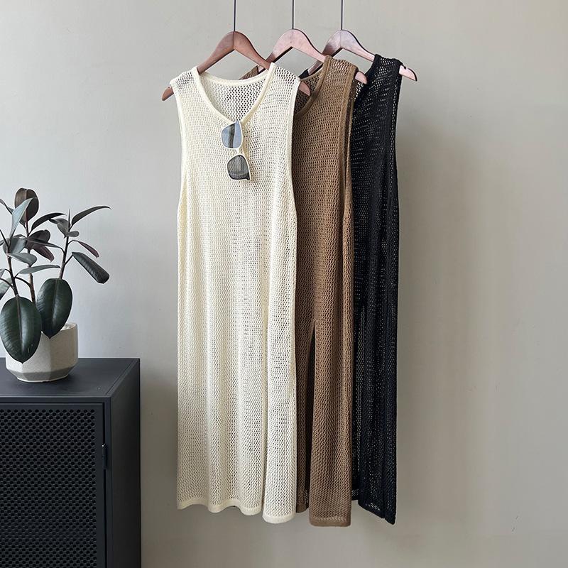 Outward Hollow Top Vest Skirt Women's Summer Slit Sleeveless Dress Mid Length Knitted Top