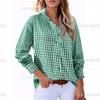 Women V Neck Long Sleeve Plaid Ruffle Shirt