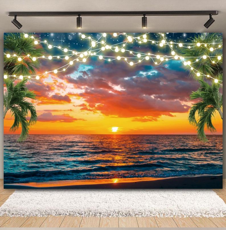 Tropical Beach Backdrop for Photography Summer Hawaii Blue Ocean Wave Seaside Palm Tree Kid Holiday Party Photo Background Decor