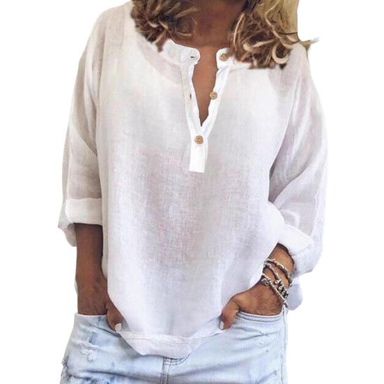 Women Shirt V-Neck Long Sleeve Loose Fit Solid Color Blouse Buttons Half Placket Pullover Tops Daily Wear